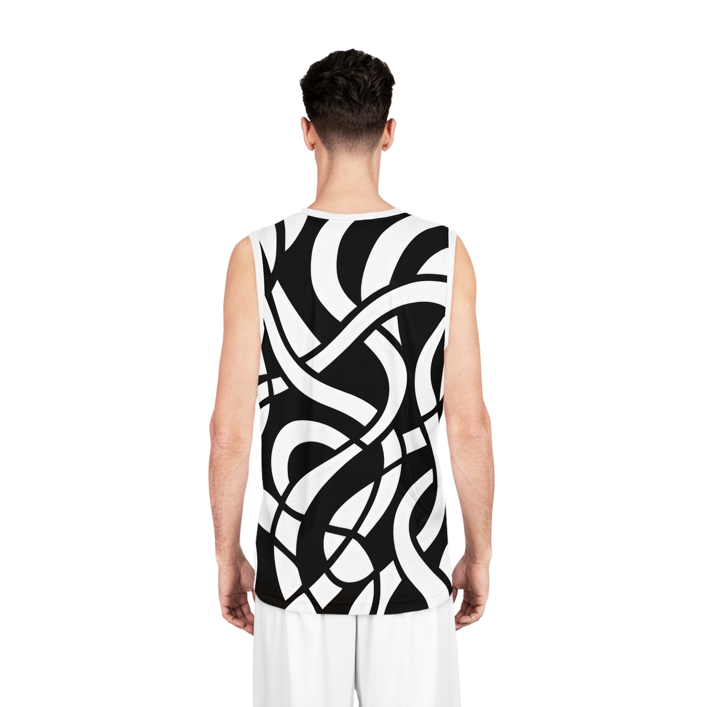 Abstract Black & White Basketball Jersey — Modern Curved Line AOP Tank