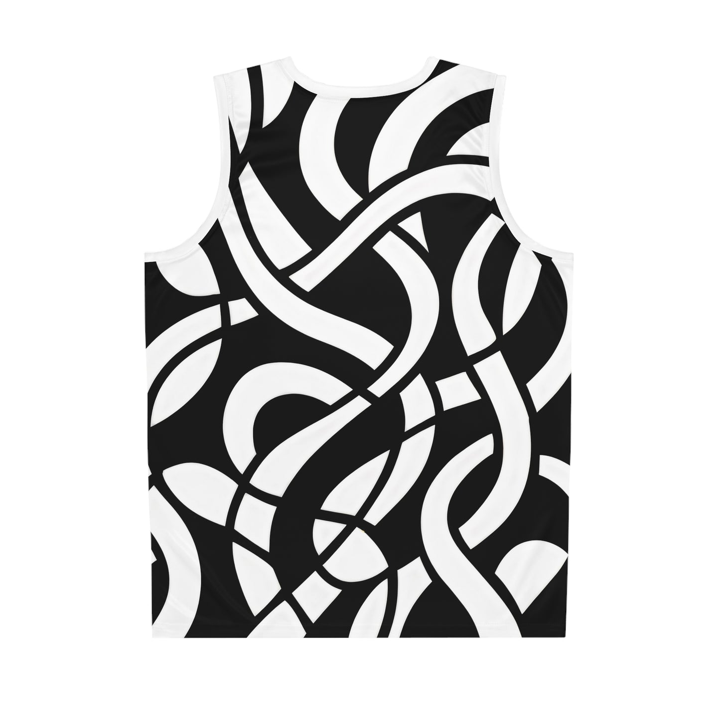 Abstract Black & White Basketball Jersey — Modern Curved Line AOP Tank