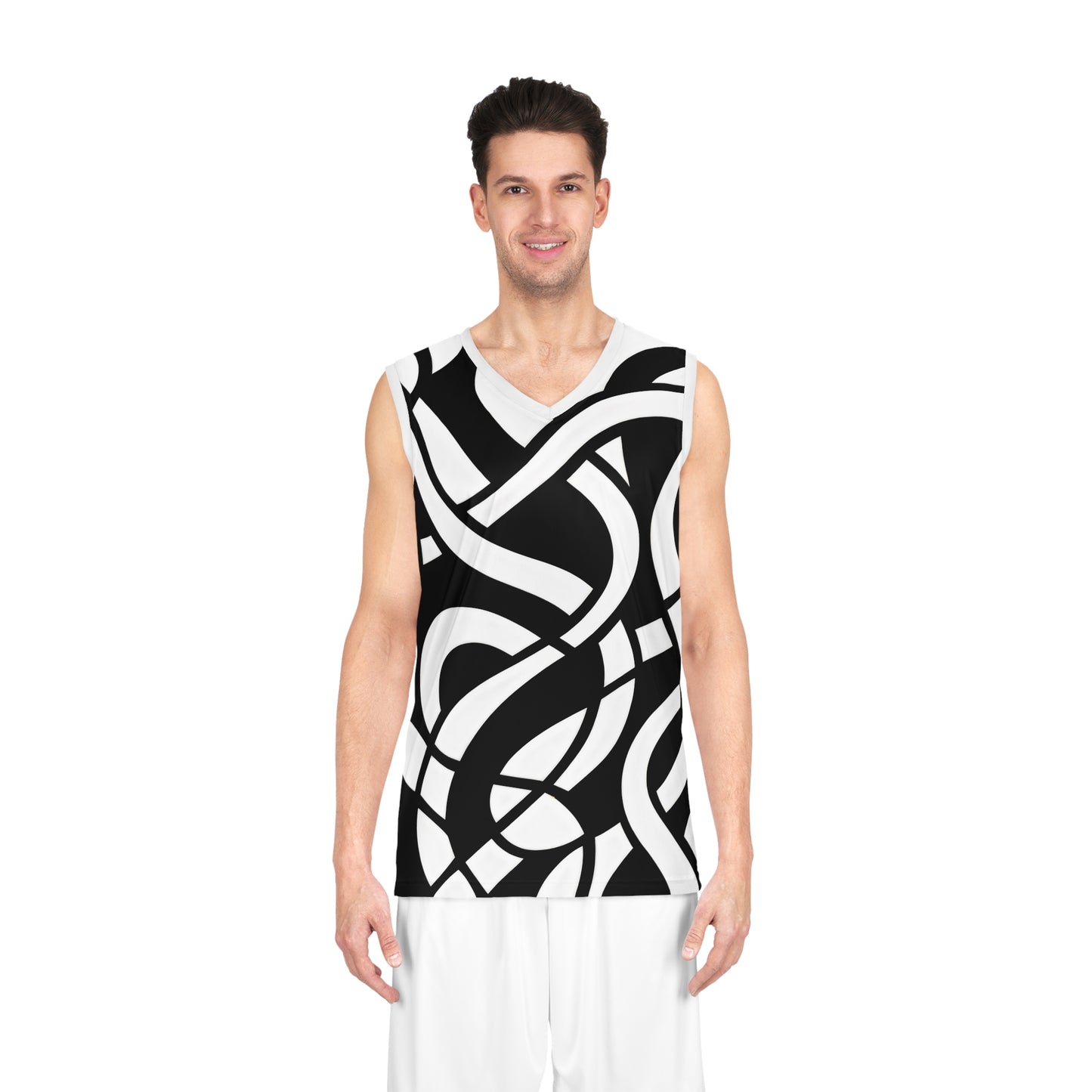 Abstract Black & White Basketball Jersey — Modern Curved Line AOP Tank