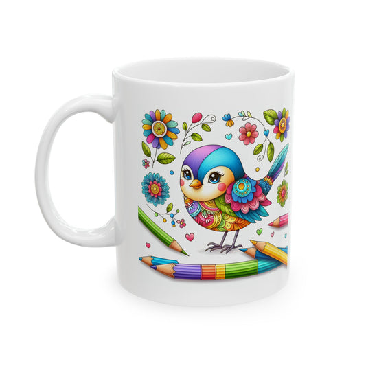 Colorful Little Bird Ceramic Mug | 11oz Artistic Coffee Cup