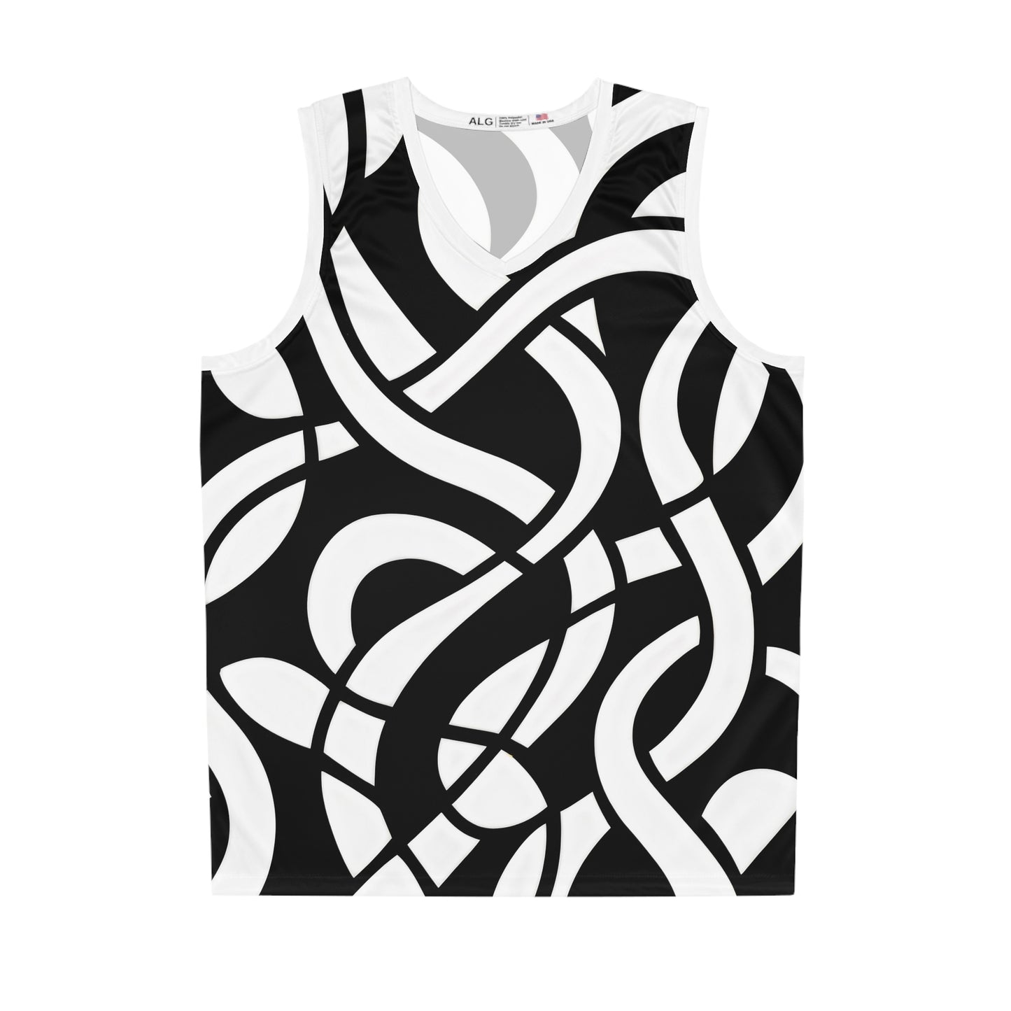 Abstract Black & White Basketball Jersey — Modern Curved Line AOP Tank
